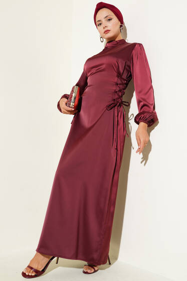 Yanları İp Bağcık Detaylı Saten Elbise Bordo - Tesettür Elbise