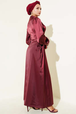 Yanları İp Bağcık Detaylı Saten Elbise Bordo - Tesettür Elbise