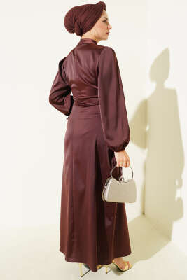 Yanları İp Bağcık Detaylı Saten Elbise Kahve - Tesettür Elbise