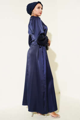 Yanları İp Bağcık Detaylı Saten Elbise Lacivert - Tesettür Elbise