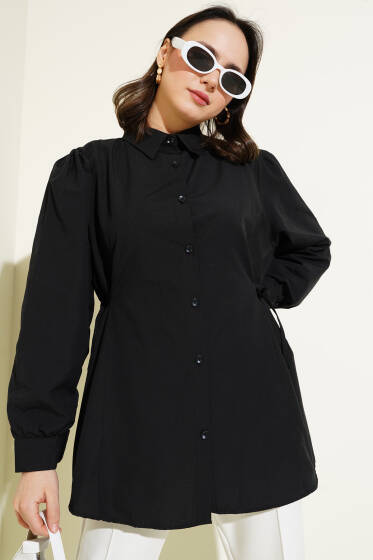 Yanları İp Bağcıklı Basic Gömlek Siyah - Gömlek