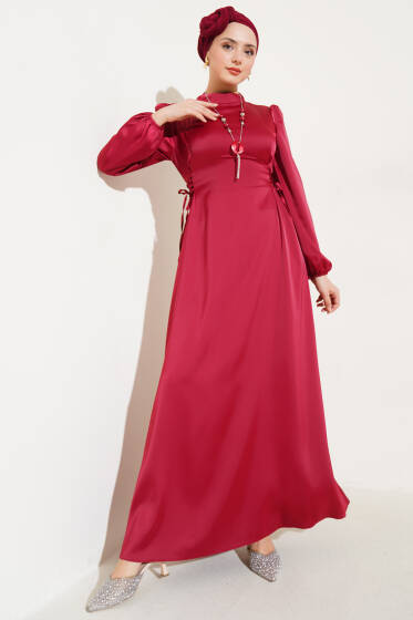 Yanları İp Bağcıklı Saten Elbise Bordo - Tesettür Elbise