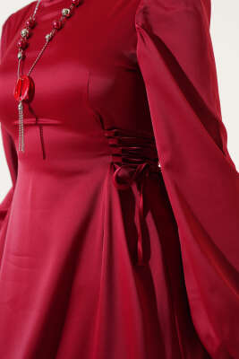 Yanları İp Bağcıklı Saten Elbise Bordo - Tesettür Elbise