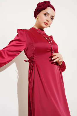 Yanları İp Bağcıklı Saten Elbise Bordo - Tesettür Elbise
