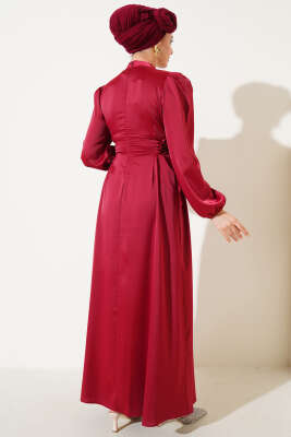 Yanları İp Bağcıklı Saten Elbise Bordo - Tesettür Elbise