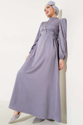 Yanları İp Bağcıklı Saten Elbise Gri - BERAT TEKSTİL