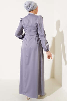 Yanları İp Bağcıklı Saten Elbise Gri - Tesettür Elbise