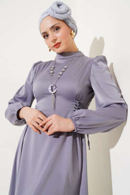 Yanları İp Bağcıklı Saten Elbise Gri - Tesettür Elbise