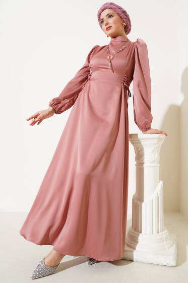 Yanları İp Bağcıklı Saten Elbise Gül Kurusu - Tesettür Elbise