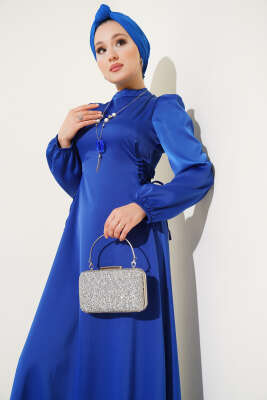 Yanları İp Bağcıklı Saten Elbise Saks - Tesettür Elbise