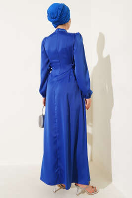 Yanları İp Bağcıklı Saten Elbise Saks - Tesettür Elbise