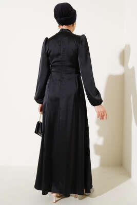 Yanları İp Bağcıklı Saten Elbise Siyah - Tesettür Elbise