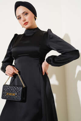 Yanları İp Bağcıklı Saten Elbise Siyah - Tesettür Elbise