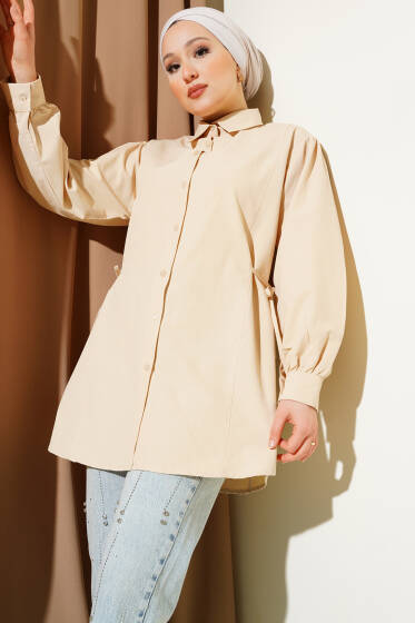 Yanları İp Bağlamalı Gömlek Bej - Gömlek