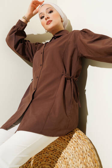 Yanları İp Bağlamalı Gömlek Kahve - Gömlek