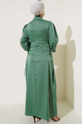Yanları İp Bağlamalı Saten Elbise Çağla Yeşili - Tesettür Elbise