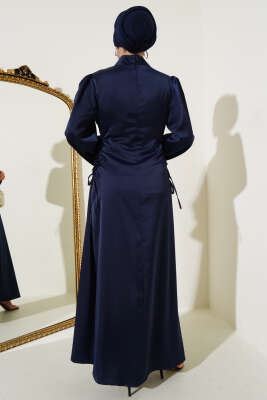 Yanları İp Bağlamalı Saten Elbise Lacivert - Tesettür Elbise