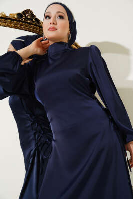 Yanları İp Bağlamalı Saten Elbise Lacivert - Tesettür Elbise