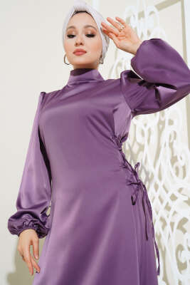 Yanları İp Bağlamalı Saten Elbise Magenta - Tesettür Elbise