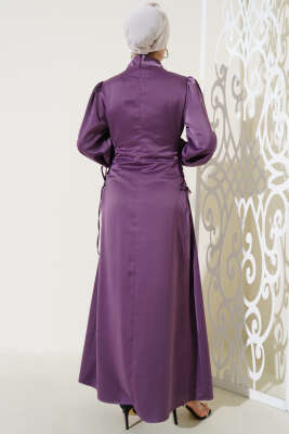 Yanları İp Bağlamalı Saten Elbise Magenta - Tesettür Elbise