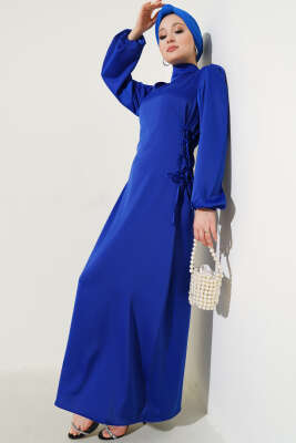 Yanları İp Bağlamalı Saten Elbise Saks - Tesettür Elbise