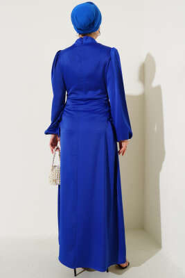 Yanları İp Bağlamalı Saten Elbise Saks - Tesettür Elbise