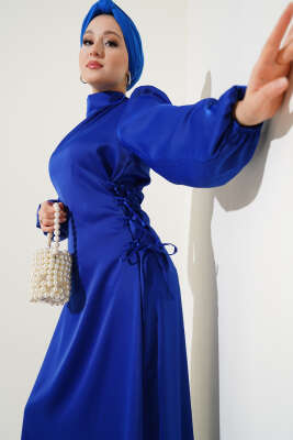 Yanları İp Bağlamalı Saten Elbise Saks - DUFON