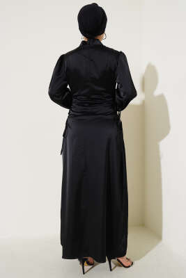 Yanları İp Bağlamalı Saten Elbise Siyah - Tesettür Elbise