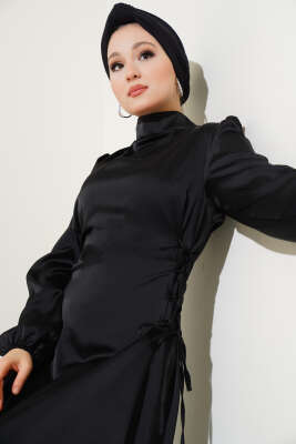 Yanları İp Bağlamalı Saten Elbise Siyah - Tesettür Elbise