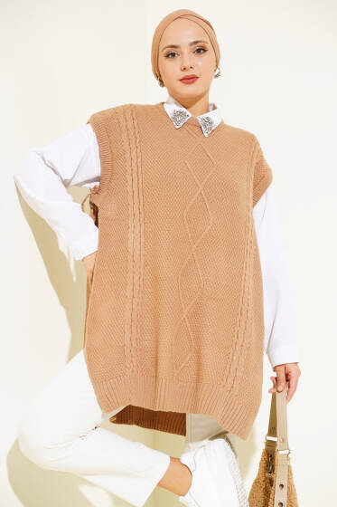 Yanları İp Bağlamalı Uzun Triko Süveter Büsküvi - Triko