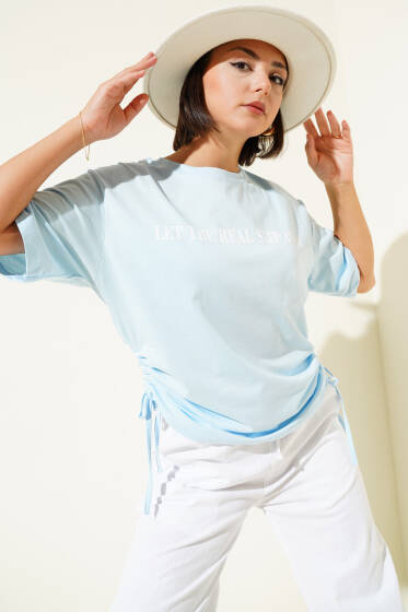 Yanları İp Büzgülü T-shirt Bebe Mavi - Kadın Giyim Modelleri