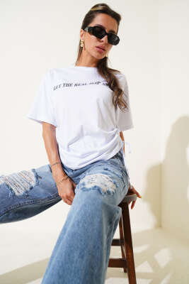 Yanları İp Büzgülü T-shirt Beyaz 