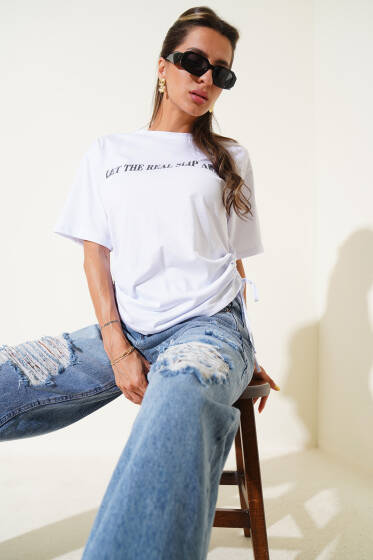 Yanları İp Büzgülü T-shirt Beyaz - Kadın Giyim Modelleri