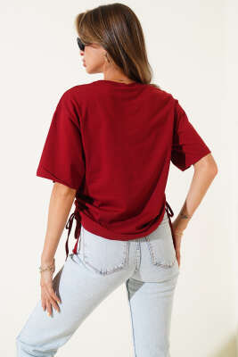 Yanları İp Büzgülü T-shirt Bordo - Kadın Giyim Modelleri
