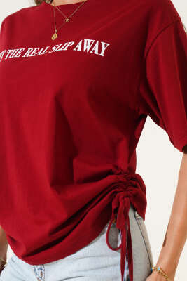 Yanları İp Büzgülü T-shirt Bordo - Kadın Giyim Modelleri