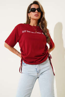 Yanları İp Büzgülü T-shirt Bordo - Kadın Giyim Modelleri