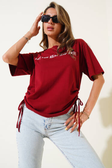 Yanları İp Büzgülü T-shirt Bordo - Kadın Giyim Modelleri