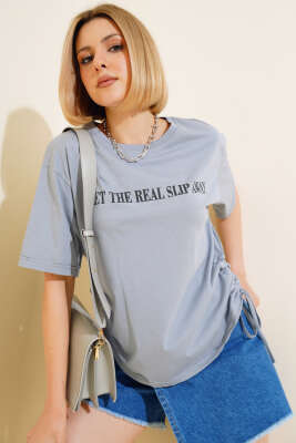 Yanları İp Büzgülü T-shirt Gri - Kadın Giyim Modelleri