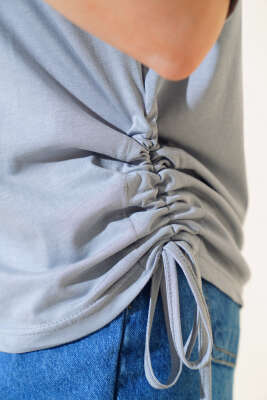 Yanları İp Büzgülü T-shirt Gri - Kadın Giyim Modelleri