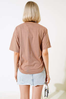 Yanları İp Büzgülü T-shirt Latte - Kadın Giyim Modelleri