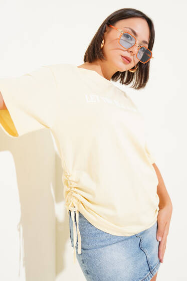 Yanları İp Büzgülü T-shirt Sarı - Kadın Giyim Modelleri