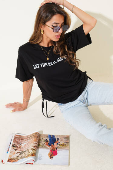 Yanları İp Büzgülü T-shirt Siyah - Kadın Giyim Modelleri