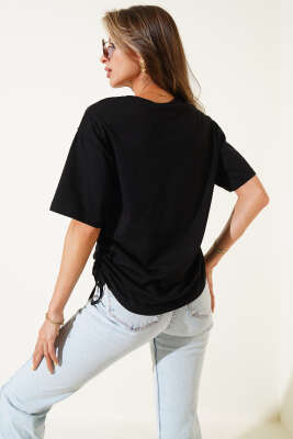 Yanları İp Büzgülü T-shirt Siyah - Kadın Giyim Modelleri
