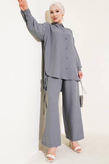 Yanları İp Detaylı İkili Takım Kayrak Grisi - İkili Takım