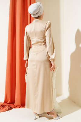 Yanları İp Detaylı Saten Elbise Bal Köpüğü - Tesettür Elbise