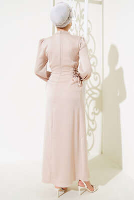 Yanları İp Detaylı Saten Elbise Bej - Tesettür Elbise