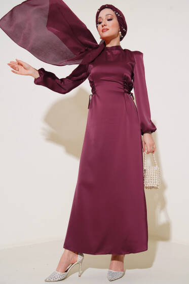 Yanları İp Detaylı Saten Elbise Bordo - Tesettür Elbise