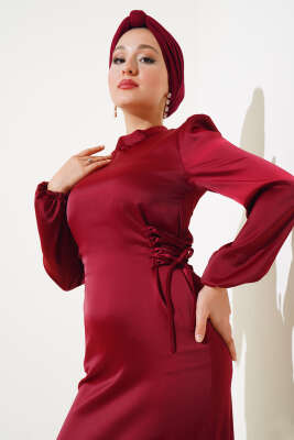 Yanları İp Detaylı Saten Elbise Burgonya - Tesettür Elbise