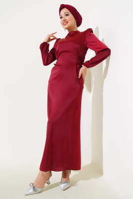 Yanları İp Detaylı Saten Elbise Burgonya - Tesettür Elbise
