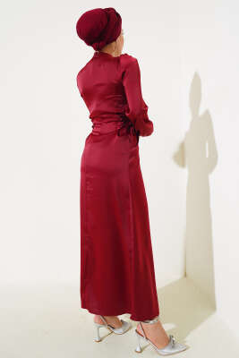 Yanları İp Detaylı Saten Elbise Burgonya - Tesettür Elbise